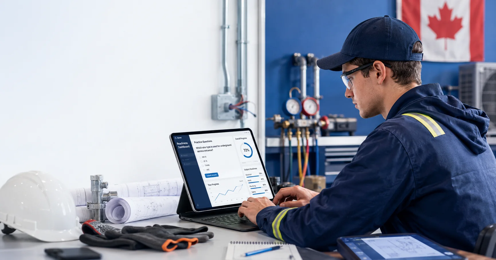 de student using an online skilled trades learning platform in a Canadian technical workshop with electrical plans, HVAC equipment and safety gear.